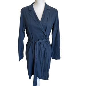 Cloth & Stone by Anthropologie Trench Coat Dress Duster Small Blue Linen Cotton